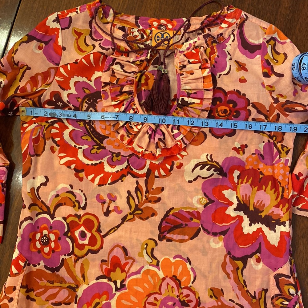 Tory Burch Cotton Voile Tunic Pink Orange Floral Drawstring Ruffle Collar Size 4 - Picture 12 of 16